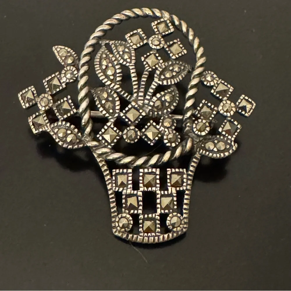 Vintage Sterling Silver Marcasite Basket Brooch